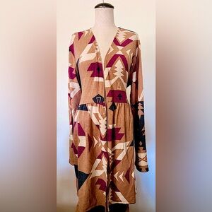 NWOT, Cardigan, 2XL, tan w/array of cors, aztec designs, mid thigh length